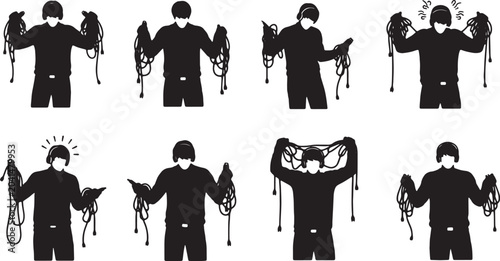 Foto Black Solid Remote Worker Tangled Cables Silhouettes Set of Six on White Backgro