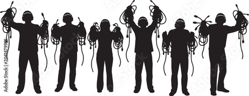 Schilderij op canvas Black Solid Remote Worker Tangled Cables Silhouettes Set of Six on White Backgro