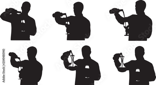 Konstfotografi Black Solid Sommelier Wine Experts Pouring Silhouettes Set of Six on White Backg