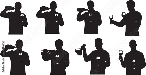 Tableau sur toile Black Solid Sommelier Wine Experts Pouring Silhouettes Set of Six on White Backg