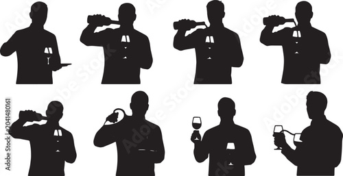 Konstfotografi Black Solid Sommelier Wine Experts Pouring Silhouettes Set of Six on White Backg