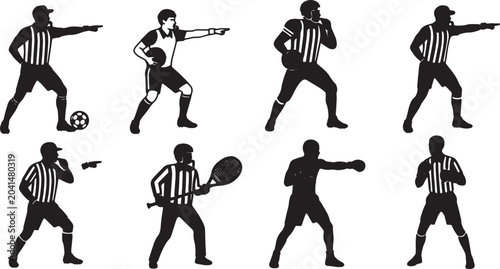 Schilderij op canvas Black Solid Sports Referees Blowing Whistles Silhouettes Set of Six on White Bac