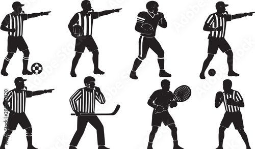 Foto Black Solid Sports Referees Blowing Whistles Silhouettes Set of Six on White Bac