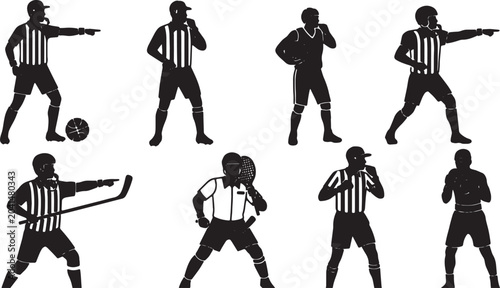 Fotografia Black Solid Sports Referees Blowing Whistles Silhouettes Set of Six on White Bac