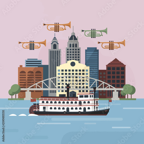 Tableau sur toile A colorful illustration of a riverboat with a city skyline and trumpets