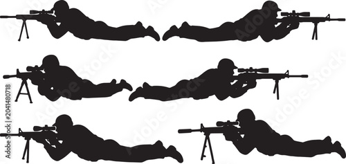 Photos Black Solid SWAT Snipers Lying Prone Silhouettes Set of Six on White Background