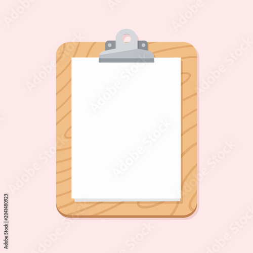 A wooden clipboard with a blank white paper on a soft pink background
