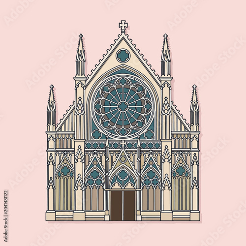 A detailed illustration of a classic gothic style stone cathedral