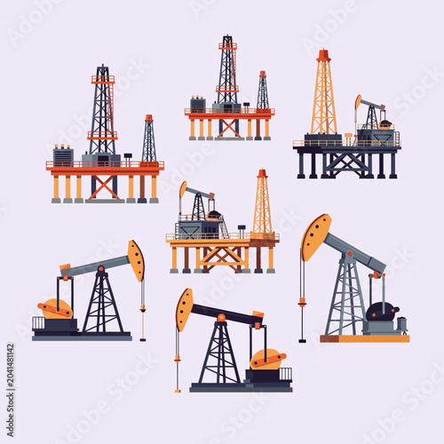 Various illustrations of oil rigs and pump jacks on a light purple background