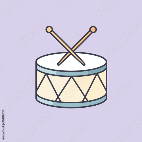 A colorful illustration of a drum with drumsticks on a soft purple background