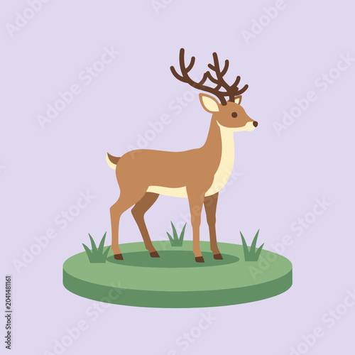 A cartoon illustration of a deer standing on a small patch of grass