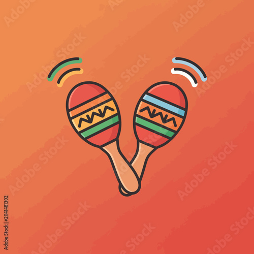 Two colorful musical instruments are displayed against an orange background