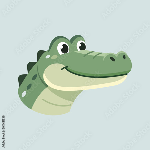 A friendly cartoon alligator with a smile on a light blue background