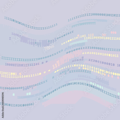 Abstract digital data streams flow across a soft, pastel background