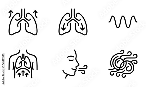 Billede på lærred Breathing and Respiration Icons Set: Lung Anatomy, Airflow, and Exhalation Vecto