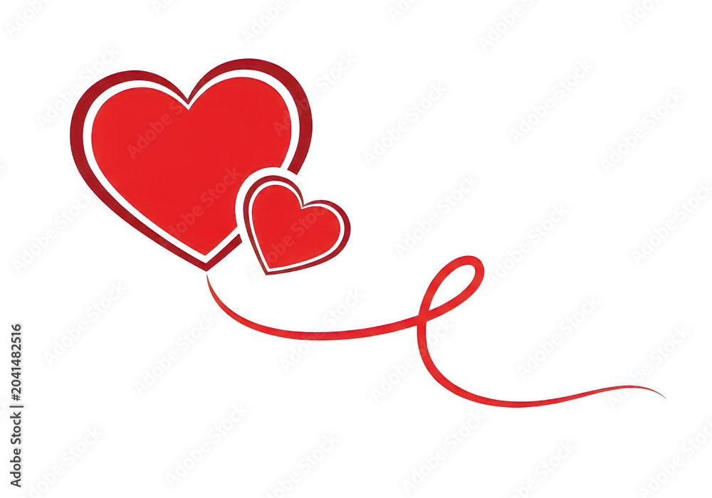 Fototapeta premium Pair of red hearts connected by a flowing ribbon for romantic occasions and love themed for digital projects isolated on a transparent background