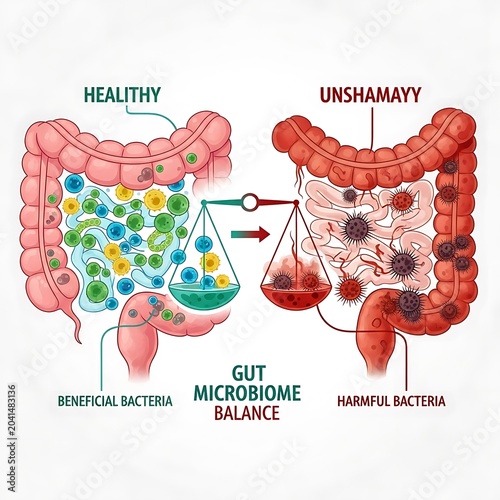 Gut Microbiome Balance Healthy vs Unhealthy Intestines.