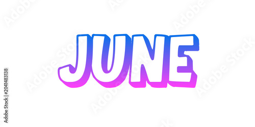 June neon text illustration with glowing blue and pink gradient effect on a transparent background. Modern luminous typography featuring the month of june in a vibrant neon style
