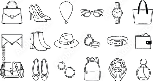 Foto Elegant fashion accessories hand drawn element collection including women handbags shoes jewelry watches hats and luxury items vector illustration
