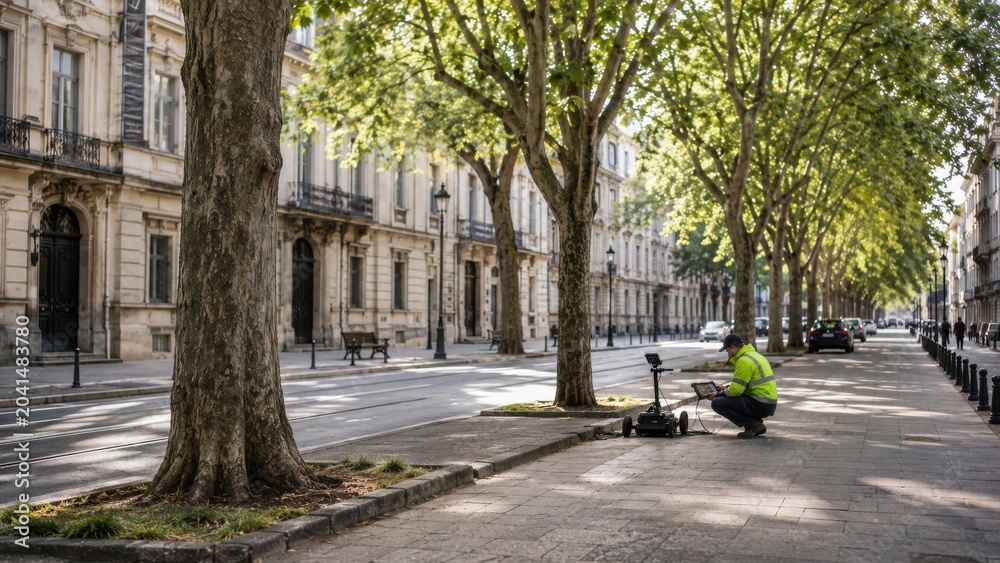 Naklejka premium Worker using equipment next to a tree on a tree-lined street in a city during daylight hours