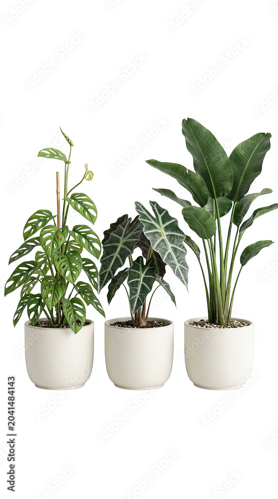 Fototapeta premium Lush tropical houseplants in modern white pots isolated on transparent background