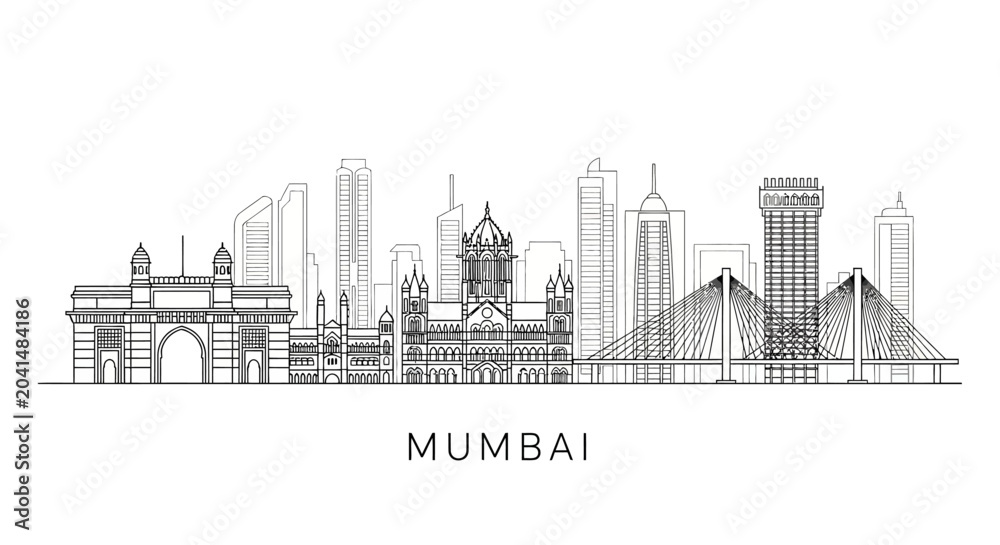 Fototapeta premium Mumbai Skyline Illustration: Iconic Landmarks on White Backdrop
