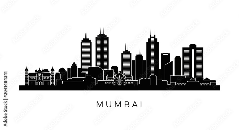 Obraz premium Mumbai Skyline Silhouette Graphic: Black and White Illustration