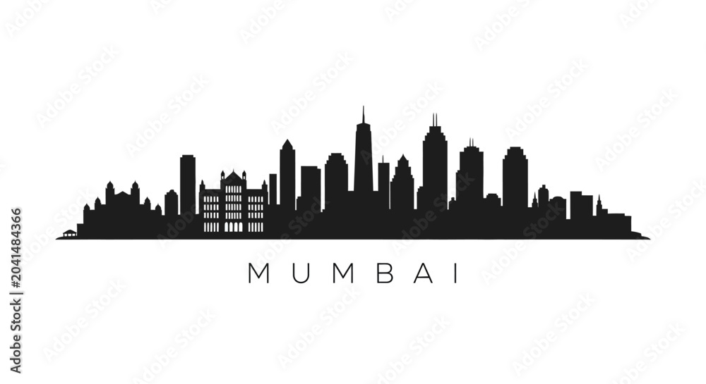 Fototapeta premium Mumbai Skyline Silhouette: Iconic Cityscape Black and White Illustration