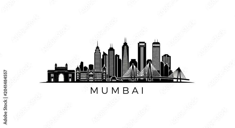 Obraz premium Mumbai Skyline Silhouette: Iconic Cityscape Vector Illustration