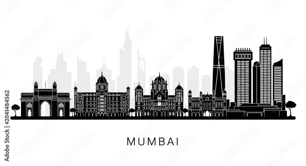 Obraz premium Mumbai Skyline Silhouette: Iconic Cityscape Vector Illustration