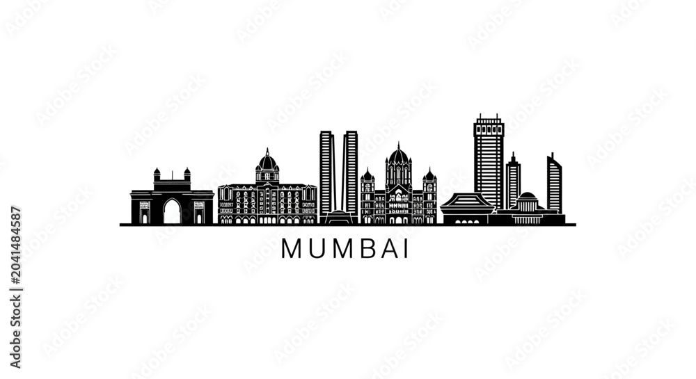 Fototapeta premium Mumbai Skyline Silhouette: Iconic Indian City Buildings, Black and White Vector
