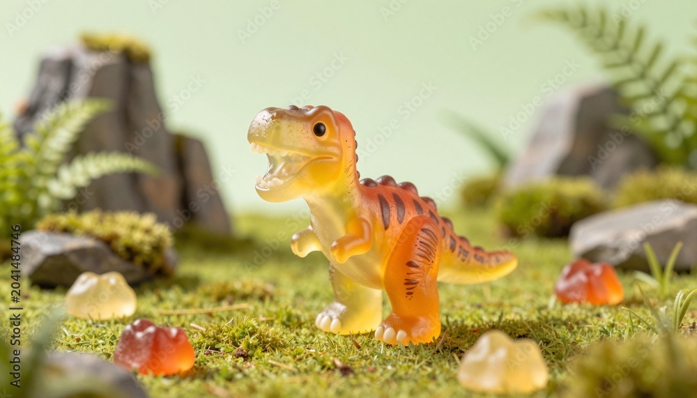Naklejka premium Translucent orange toy T‐rex figurine on a mossy miniature landscape with rocks, ferns and colorful jelly candies