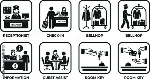 Foto Hotel service and hospitality icon set featuring reception check in bellhop information guest assist and room key symbols vector