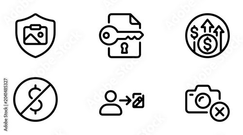 Security and Access Icons: Protected Image, Keyed Document, Financial Growth, No Money, User Transfer, Camera Blocked - Vector Set
