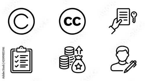 Foto Copyright and Creative Commons Icons, Legal Document, Checklist, Money Bag, and
