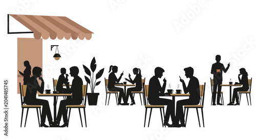 Konstfotografi Silhouetted diners enjoying coffee at a cafe outdoors