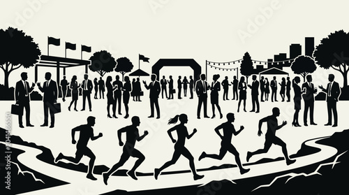 Foto Silhouette runners in a bustling outdoor event scene