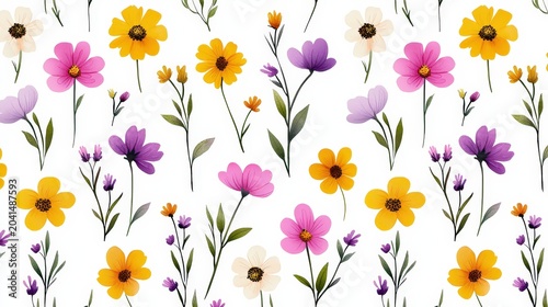 Colorful Floral Pattern with Various Flowers on a White Background for Creative Designs