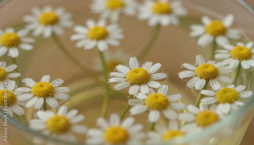 Fototapeta premium Close-up of chamomile flowers with white petals and yellow centers floating in water, softly lit with a shallow depth of field