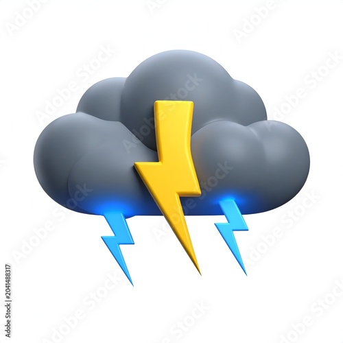3D Rendering of Storm Cloud with Lightning Bolts on White.