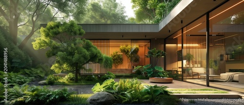 Exterior view of a sleek, minimalistic eco-home, featuring expansive glass windows and a lush green tree, green energy solutions