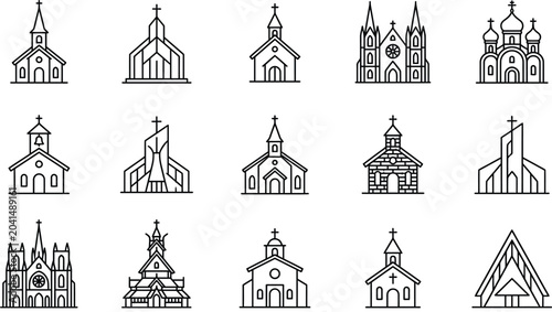 Fotografía Minimalist church and cathedral line icon set featuring traditional christian chapels gothic basilicas and modern religious buildings vector