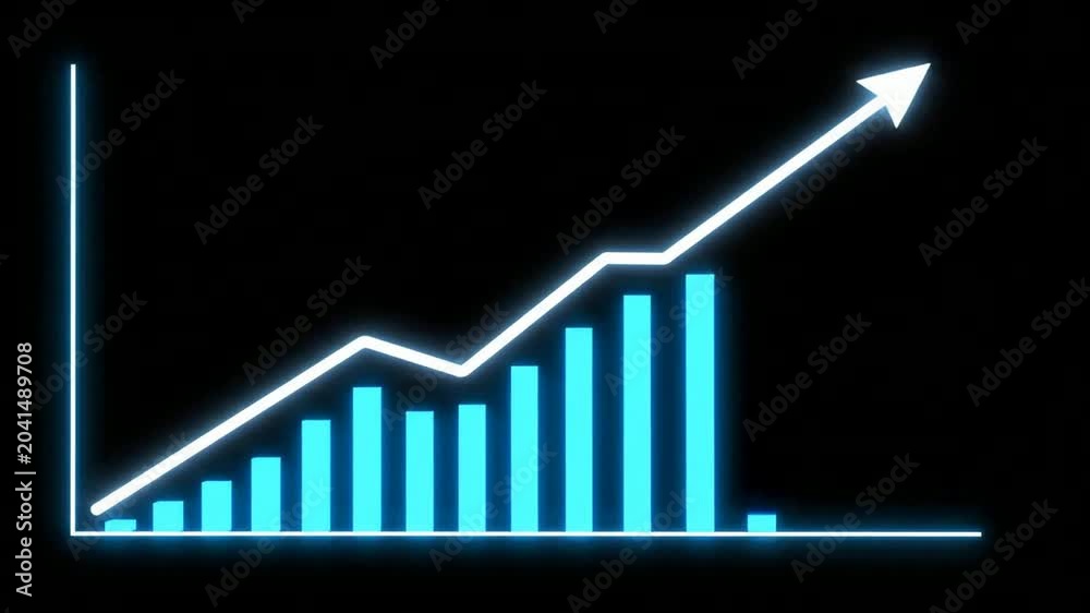 Neon financial growth chart animation: rising bar graph with upward ...