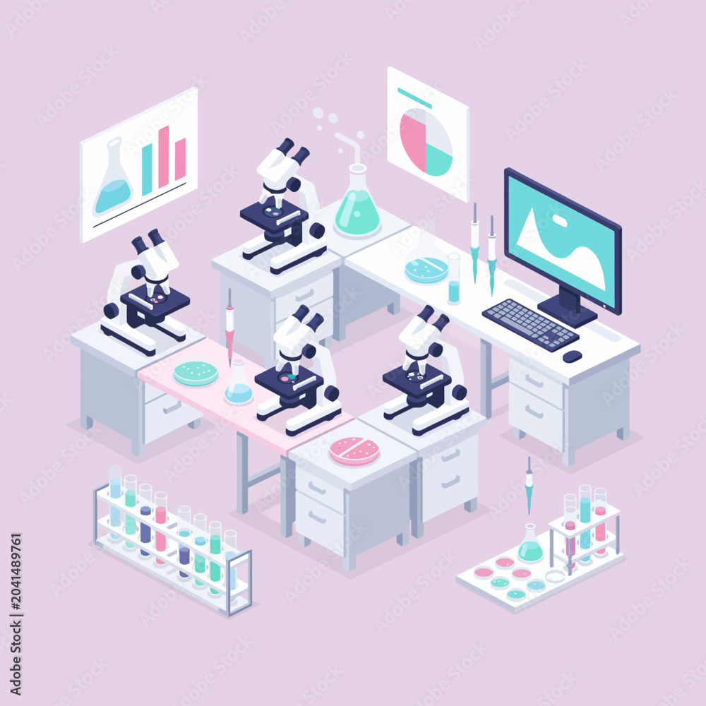 Fototapeta premium Isometric view of a laboratory with microscopes and scientific equipment