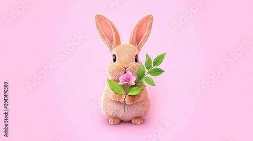 Adorable Bunny with Flower on Soft Pink Background Ideal for Easter Celebrations and Spring Marketing Campaigns