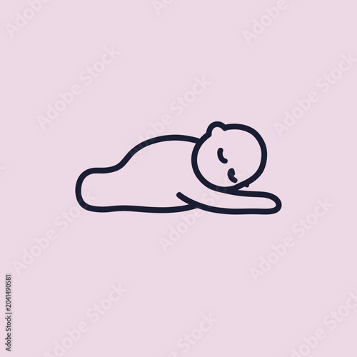 A simple line art icon of a sleeping infant on pink background