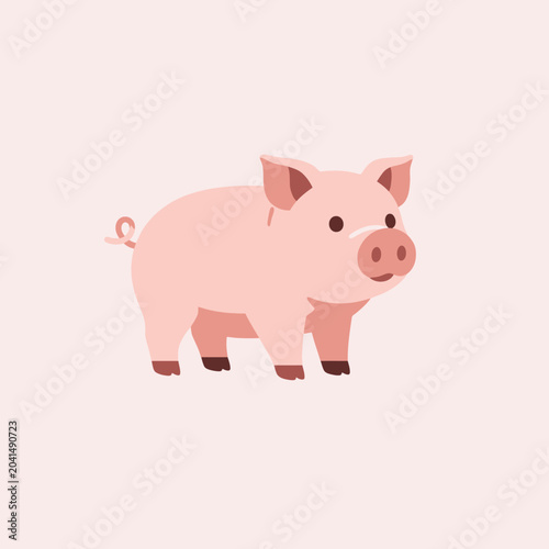 A cute cartoon pig stands alone on a soft, pastel pink background