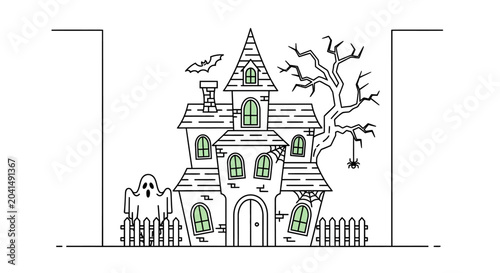 Photos Spooky Haunted House with Ghost and Bat Illustration