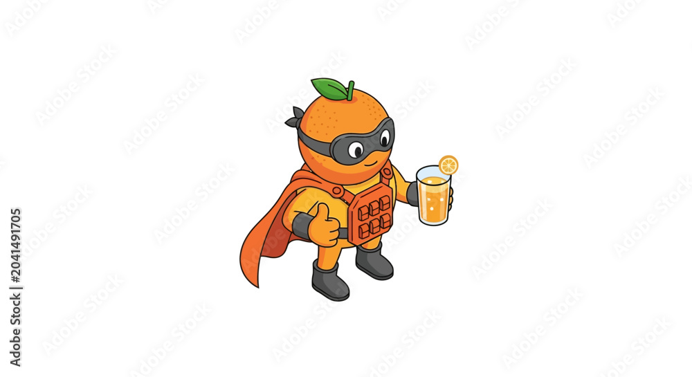 Fototapeta premium Superhero orange fruit character mascot holding a glass of juice