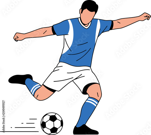 Soccer player kicking ball with motion lines isolated on white background